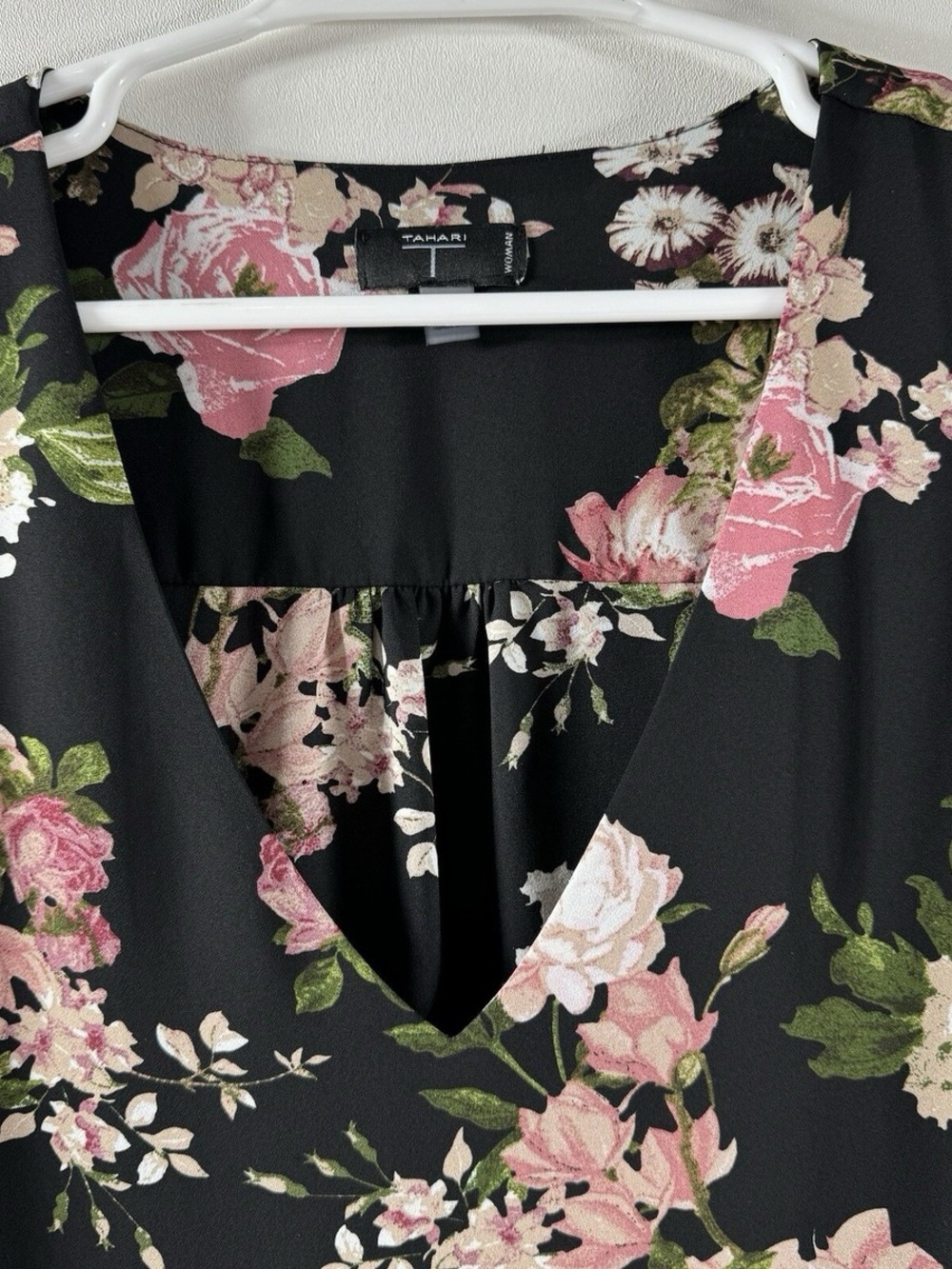 Tahari Black Floral V-Neck Flutter Sleeve Blouse - Picture 2 of 6